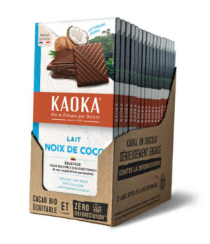 Carton complet de 17 tablettes de chocolat au lait origine Équateur à la noix de coco bio équitable de la marque Kaoka