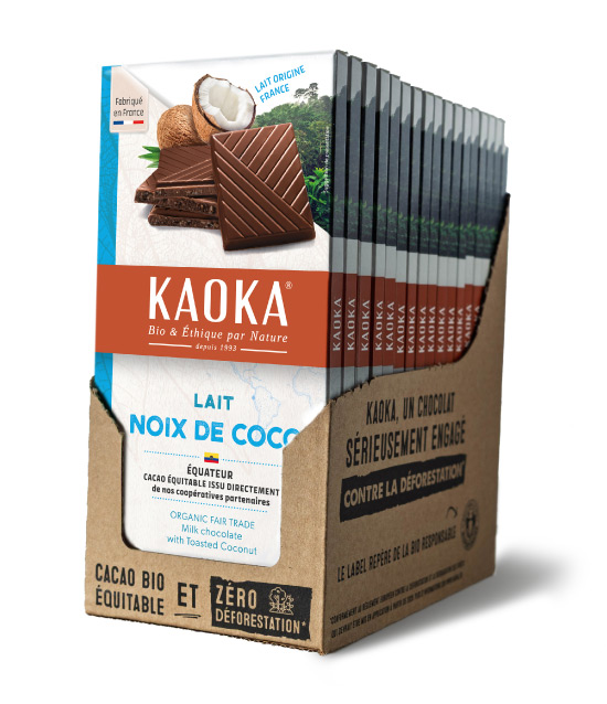 Carton complet de 17 tablettes de chocolat au lait origine Équateur à la noix de coco bio équitable de la marque Kaoka
