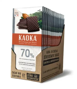 Carton complet de 17 tablettes de chocolat noir 70% assemblage bio équitable de la marque Kaoka