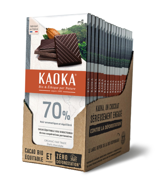Carton complet de 17 tablettes de chocolat noir 70% assemblage bio équitable de la marque Kaoka