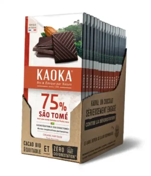 Carton complet de 17 tablettes de chocolat noir 75% origine Sao Tomé bio équitable de la marque Kaoka