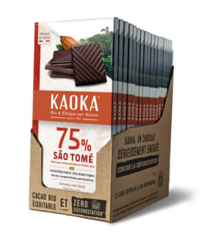 Carton complet de 17 tablettes de chocolat noir 75% origine Sao Tomé bio équitable de la marque Kaoka
