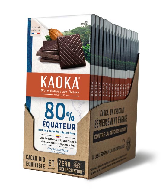 Carton complet de 17 tablettes de chocolat noir 80% origine Équateur bio équitable de la marque Kaoka