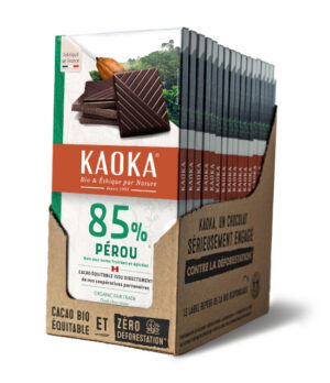Carton complet de 17 tablettes de chocolat noir 85% origine Pérou bio équitable de la marque Kaoka