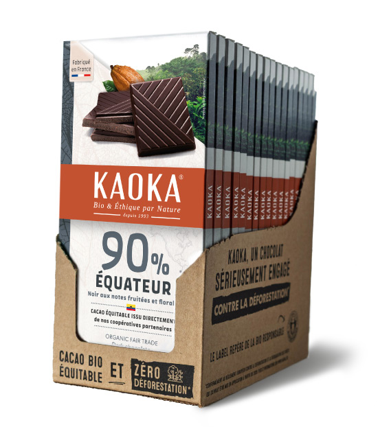 Carton complet de 17 tablettes de chocolat noir 90% origine Équateur bio équitable de la marque Kaoka