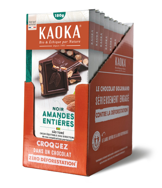 Carton complet de 10 tablettes de chocolat noir aux noisettes entières bio et équitable de la marque Kaoka