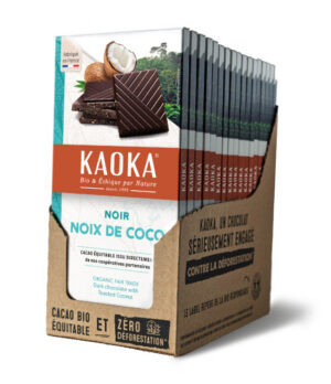 Carton complet de 17 tablettes de chocolat noir à la noix de coco bio et équitable de la marque Kaoka