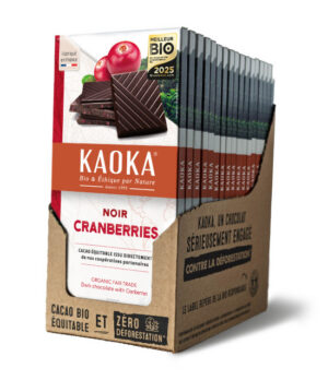 Carton complet de 17 tablettes de chocolat noir aux cranberries bio équitable de la marque Kaoka