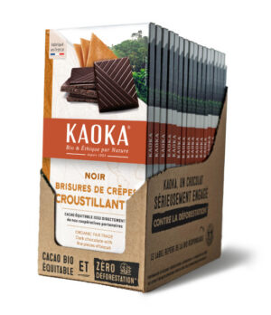 Carton complet de 17 tablettes de chocolat noir aux brisures de crêpes croustillantes bio équitable de la marque Kaoka