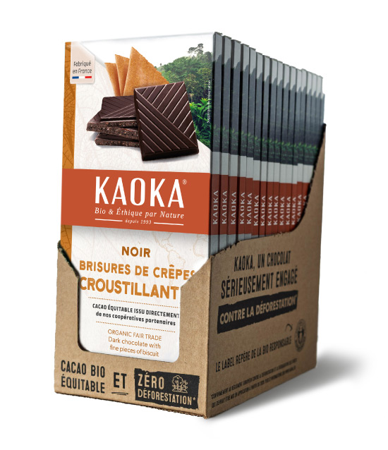 Carton complet de 17 tablettes de chocolat noir aux brisures de crêpes croustillantes bio équitable de la marque Kaoka