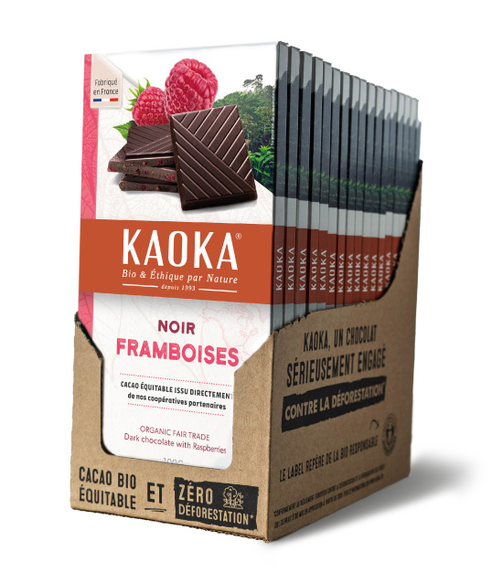 Carton complet de 17 tablettes de chocolat noir à la framboise bio équitable de la marque Kaoka
