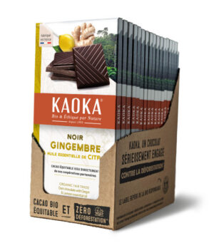 Carton complet de 17 tablettes de chocolat noir au gingembre confit et au citron bio équitable de la marque Kaoka