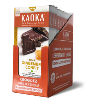 Carton complet de 10 tablettes de chocolat noir au gingembre confit bio et équitable de la marque Kaoka