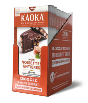 Carton complet de 10 tablettes de chocolat noir aux noisettes entières bio et équitable de la marque Kaoka