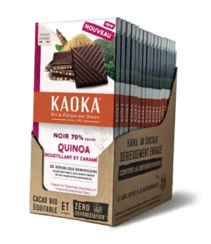 Carton complet de 17 tablettes de chocolat noir 70% cacao au quinoa croustillant de la marque Kaoka