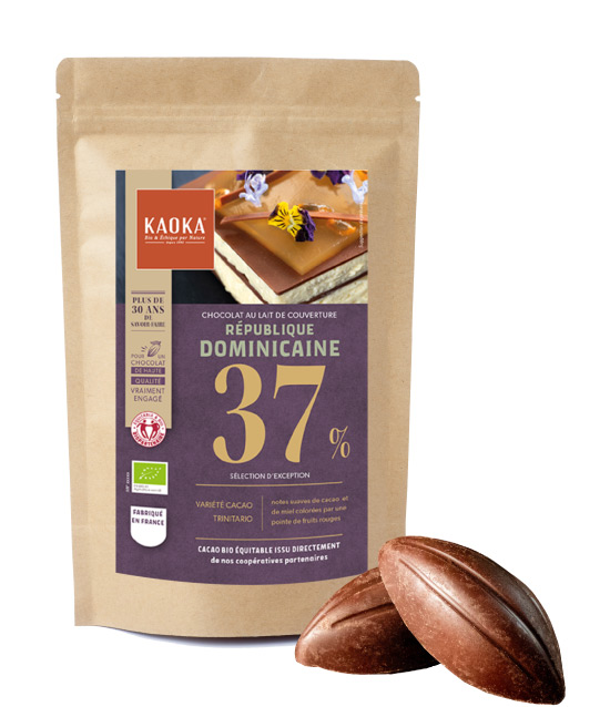 Sachet de chocolat au lait de couverture 37% cacao république dominicaine de la marque Kaoka