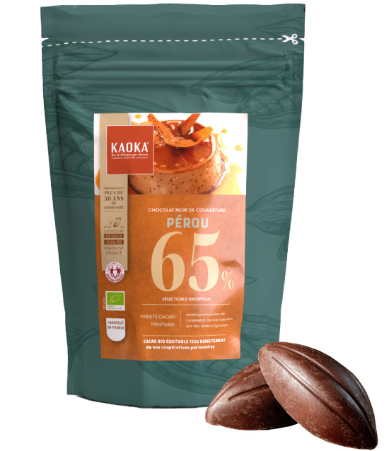 Sac 1kg de chocolat noir de couverture 65% cacao pérou de la marque Kaoka