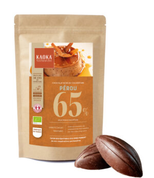 Sachet de chocolat noir de couverture 65% cacao pérou de la marque Kaoka