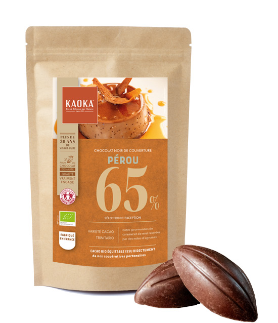 Sachet de chocolat noir de couverture 65% cacao pérou de la marque Kaoka
