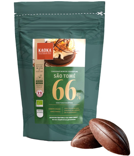 Sac 1kg de chocolat noir de couverture 66% cacao sao tomé de la marque Kaoka