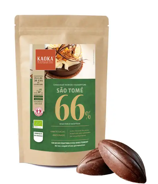 Sachet de chocolat noir de couverture 66% cacao sao tomé de la marque Kaoka