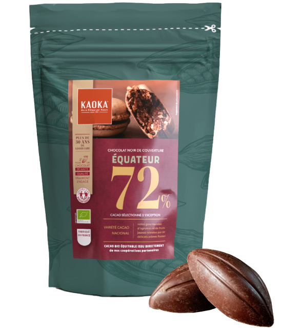 Sac 1kg de chocolat noir de couverture 72% cacao Équateur de la marque Kaoka