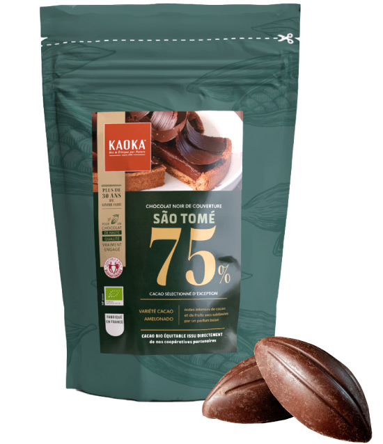 Sac 1kg de chocolat noir de couverture 75% cacao sao tomé de la marque Kaoka