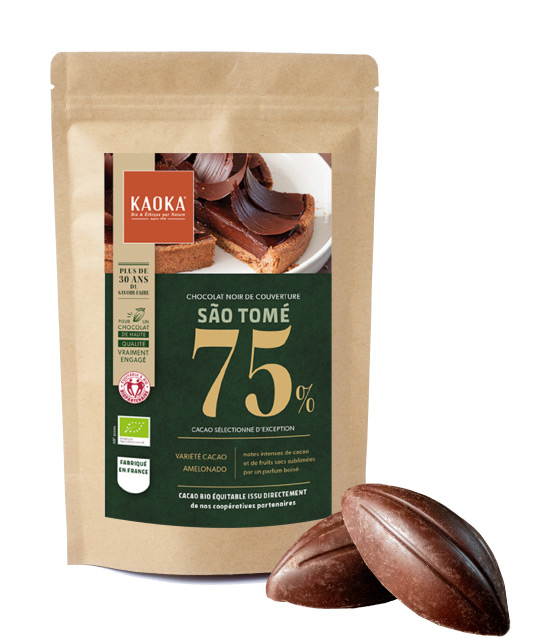 Sachet de chocolat noir de couverture 75% cacao sao tomé de la marque Kaoka