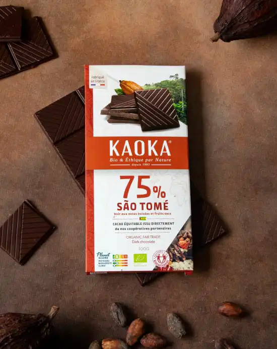 Tablette de chocolat noir 75% cacao avec des carrés de chocolat, des fèves de cacao et des cabosses séchées sur un fond marron