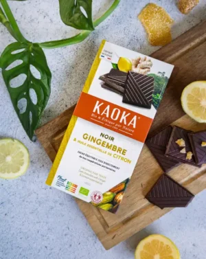 Tablette de chocolat noir au gingembre confit et au citron de la marque Kaoka