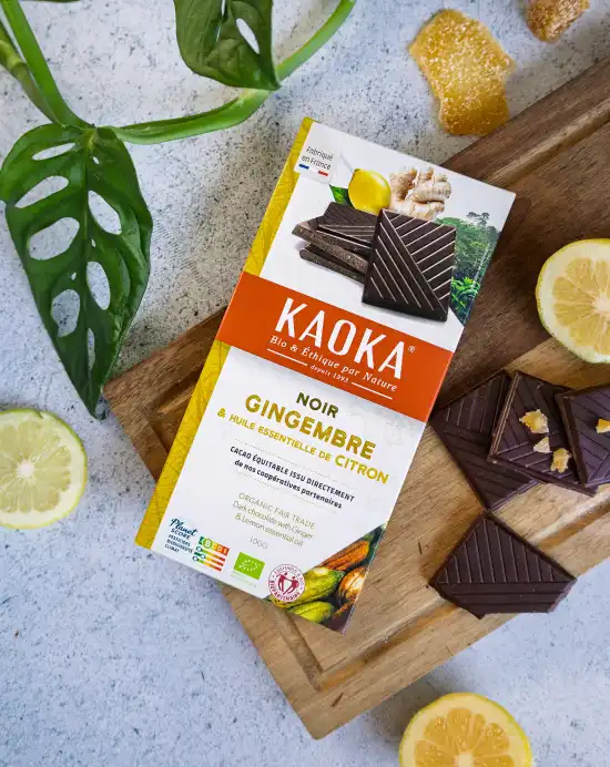 Tablette de chocolat noir au gingembre confit et au citron de la marque Kaoka