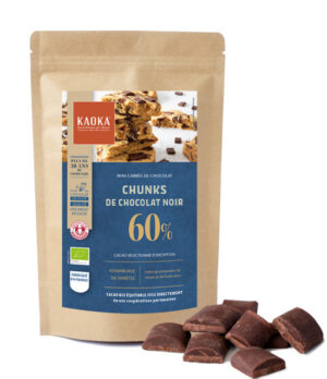 Sachet de chunks de chocolat noir bio équitable de la marque Kaoka