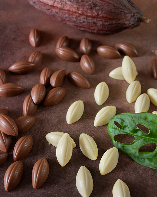 Cabosses de chocolat au lait et chocolat blanc en vrac de la marque Kaoka