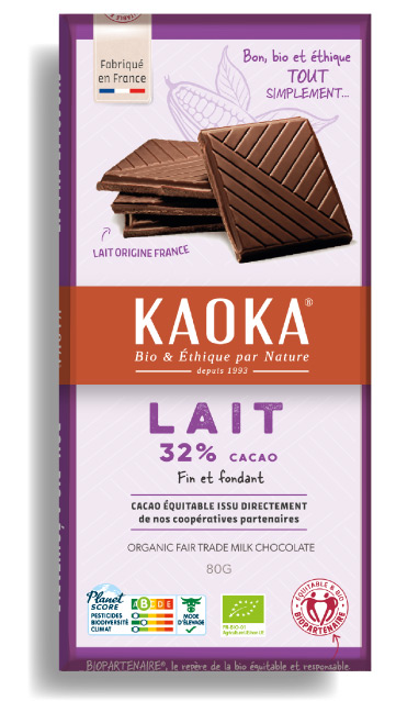 Tablette 80g de chocolat au lait de la marque Kaoka