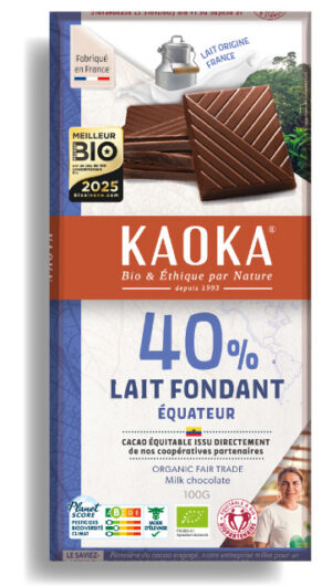 Tablette de chocolat au lait fondant 40% cacao origine Equateur bio équitable de la marque Kaoka