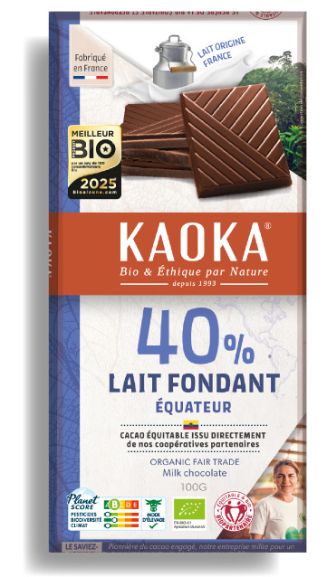 Tablette de chocolat au lait fondant 40% cacao origine Equateur bio équitable de la marque Kaoka