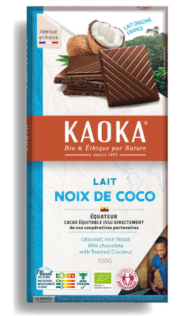 Tablette de chocolat au lait aux brisures de noix de coco de la marque Kaoka
