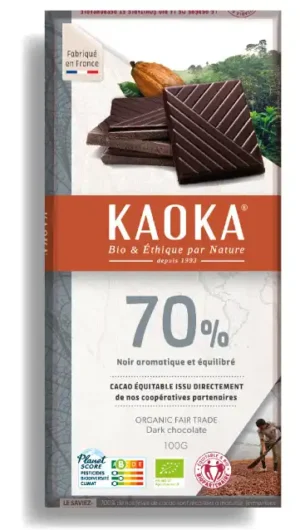 Tablette de chocolat noir 70% cacao de la marque Kaoka