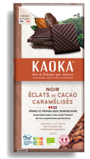 Tablette de chocolat noir 70% cacao aux éclats de cacao caramélisés de la marque Kaoka