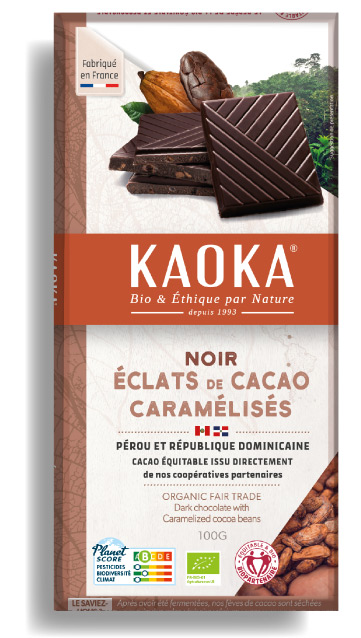 Tablette de chocolat noir 70% cacao aux éclats de cacao caramélisés de la marque Kaoka