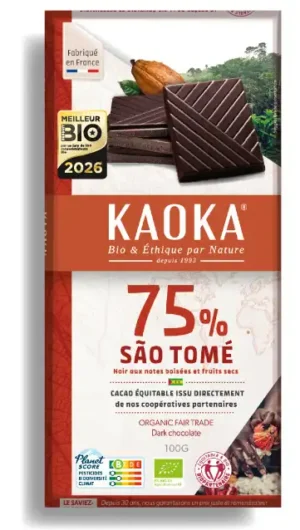Tablette de chocolat noir 75% pure origine Sao Tomé certifiée bio équitable de la marque Kaoka avec logo Meilleur Produit Bio