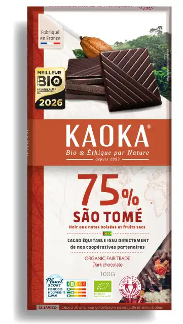 Tablette de chocolat noir 75% pure origine Sao Tomé certifiée bio équitable de la marque Kaoka avec logo Meilleur Produit Bio