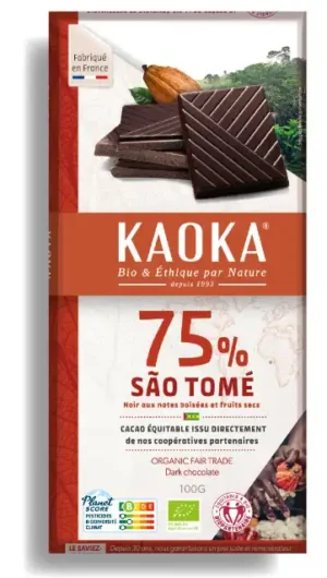 Tablette de chocolat noir 75% pure origine Sao Tomé certifiée bio équitable de la marque Kaoka