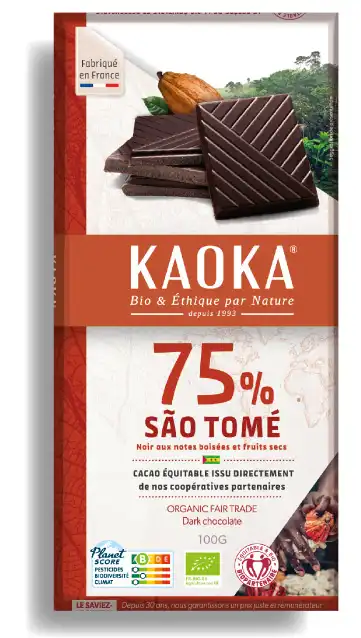 Tablette de chocolat noir 75% pure origine Sao Tomé certifiée bio équitable de la marque Kaoka