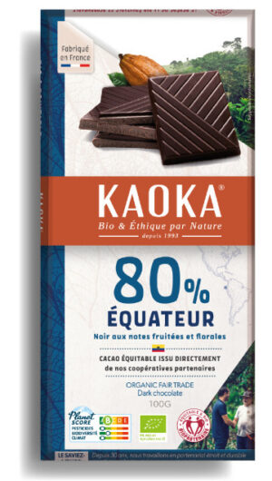 Tablette de chocolat noir 80% pure origine Equateur certifiée bio équitable de la marque Kaoka