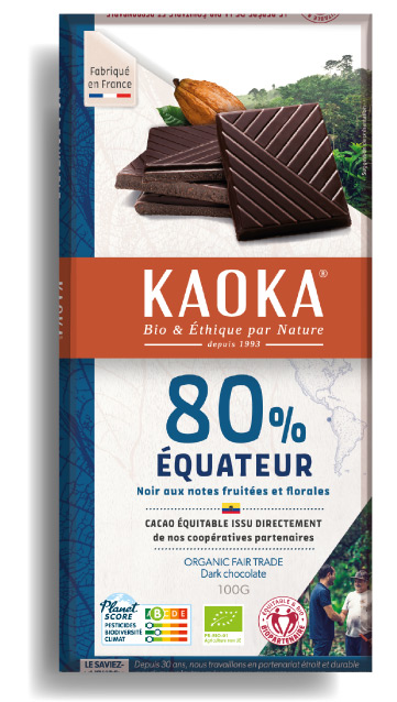 Tablette de chocolat noir 80% pure origine Equateur certifiée bio équitable de la marque Kaoka