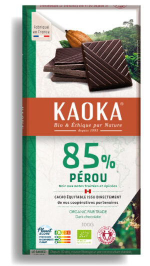 Tablette de chocolat noir 85% cacao variété Trinitario origine Pérou de la marque Kaoka