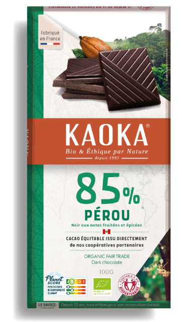 Tablette de chocolat noir 85% cacao variété Trinitario origine Pérou de la marque Kaoka