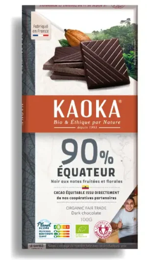 Tablette de chocolat noir 90% pure origine Equateur certifiée bio équitable de la marque Kaoka
