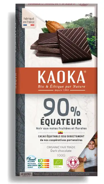 Tablette de chocolat noir 90% pure origine Equateur certifiée bio équitable de la marque Kaoka